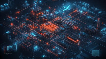 Aufkleber - futuristic city with digital network infrastructure and planes.