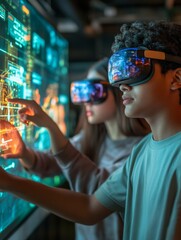 Aufkleber - Immersive VR Collaboration Diverse Teen Innovators Engage with Holographic Interfaces in High-Tech Lab for Future-Ready Digital Solutions and EdTech Advancements