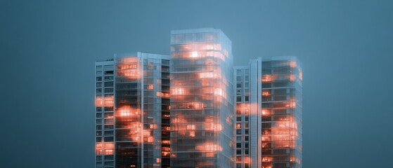 Poster - Futuristic Architectural Elegance Illuminated Glass Towers Symbolizing Emotions - Modern Urban Design for Innovative Cityscape and Real Estate Marketing