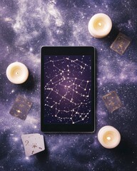 Poster - Surreal Cosmic Tech Display Illuminated Astrology App on Tablet with Candles and Tarot - Modern Digital Experience for Lifestyle and Marketing Integration