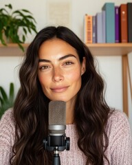 Aufkleber - Contemporary Podcast Production Vibrant Latina Creator in Cozy Home Studio with Modern Audio Tech - Enhancing Digital Communication and Remote Content