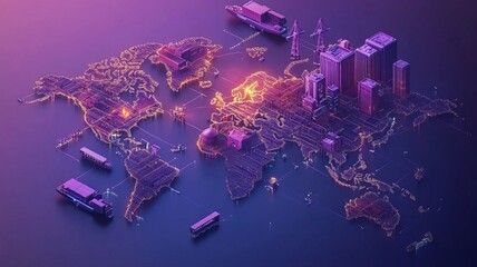 Poster - Global network, digital world map with cityscapes and transportation, illustrating worldwide connectivity and logistics.