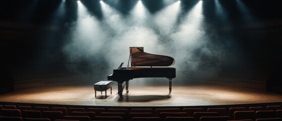 Poster - Opulent Grand Piano in Theatrical Lighting Elegant Venue Design for Classical Music Events and Luxe Performance Branding
