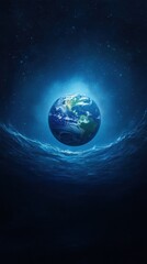 a glowing representation of earth surrounded by a deep blue ocean, set against a starry backdrop, ev