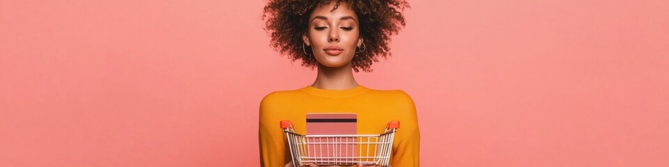 Aufkleber - Vibrant Digital Commerce Confident Woman with Credit Card and Smartphone Against Coral backdrop - Secure E-commerce and Modern Retail Visual for Tech-Savvy Marketing in Fashion and Finance