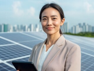 Poster - Urban Green Leadership East Asian Woman with Solar Panel and Tablet - Business Innovation and Eco-Tech for Sustainable Cityscapes