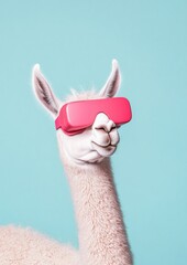 Aufkleber - Futuristic Pop Culture Display Whimsical Llama with Pink VR Goggles on Pastel Backdrop - Playful Tech Art for Youth-Oriented Digital Campaigns and Social Media Engagement