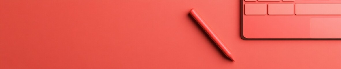 Poster - Minimalist Coral Design Workspace Stylus and Laptop on Matte Surface - Innovative Digital Content Creation for Modern Marketing Aesthetics and Professional Design Studios