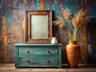 Wall Mural - Grunge Interior: Empty Frame on Wooden Chest with Dried Flowers