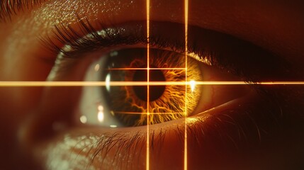 Poster - Close-up view of a human eye illuminated by a laser grid highlighting intricate patterns within the iris during an optical examination. Generative AI