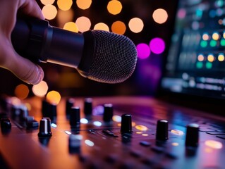 Aufkleber - Warm Ambient Podcast Studio Hand on Mixing Console with Modern Mic and Laptop - Digital Content Creation and Remote Broadcast Setup