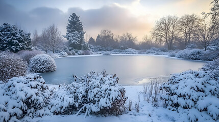 Wall Mural - A serene view of a frozen pond surrounded by snow-covered bushes and trees under a soft, cloudy sky