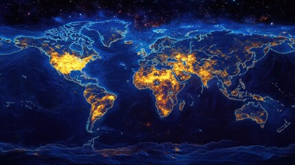 world map with glowing landmasses against a dark starry background displaying earth at night