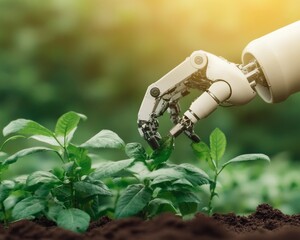 Poster - Futuristic Agricultural Tech Robotic Arm Tending Plants in Lush Greenhouse - Smart Automation for Enhanced Crop Yield and Sustainable Farming Practices