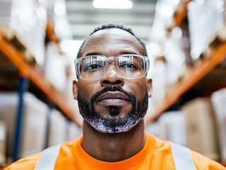 Poster - Streamlined Supply Chain Visualization Black Male Warehouse Manager with Glasses Utilizing Digital Tablet in High-Tech Logistics Hub - Enhancing Inventory Management Efficiency