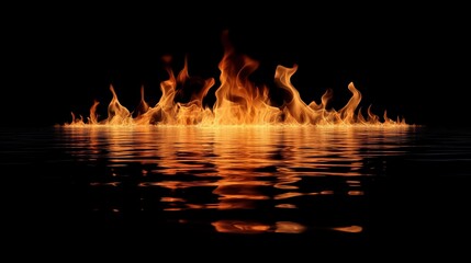 Poster - Flames dancing over water with vibrant fiery reflections in a dark environment creating a stunning visual contrast. Generative AI