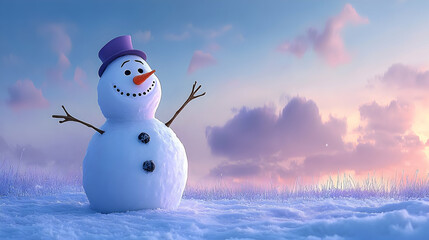 Wall Mural - A snowman with a carrot nose and stick arms in a snowy field under a soft pastel evening sky