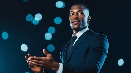Poster - Empowerment on Stage Confident Black Speaker in Tailored Navy Suit Delivering Motivational Talk - Business Leadership, Professional Engagement, Modern Presentation Design