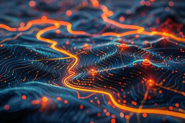 Leinwandbilder - A vibrant digital terrain is depicted with flowing orange lines and bright nodes against a dark background. The intricate patterns suggest a network or data flow, creating a captivating visual effect