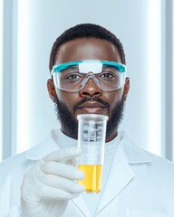 Leinwandbilder - Eco-Modern Laboratory Innovation African Scientist in Contemporary Lab Setting with Biofuel Beaker Sustainable Energy Solutions and Green Technology Advancement