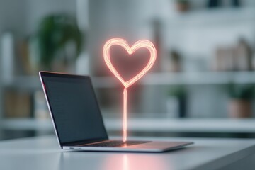 Aufkleber - Neon Heart Symbolizing Tech-Charity Fusion Digital Art on Laptop in Minimal Workspace - Innovating Virtual Volunteering for Remote Outreach and Marketing Solutions