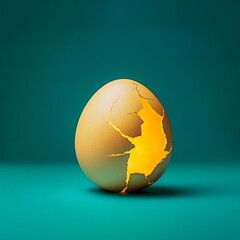 Poster - Surreal Golden Egg Display Cracked Luminescent Egg on Teal Canvas for Artistic Retail Installations and Modern Visual Merchandising Concepts