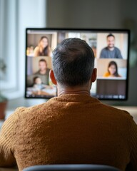 Poster - Warm Remote Work Balance Middle Eastern Man, 40, Engages in Team Video Call from Cozy Kitchen - Enhancing Hybrid Workflow in Modern Home Offices for Tech and Business Innovation