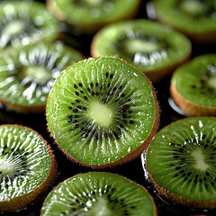 Poster - Kiwi slices flying in black background.