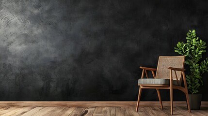 Poster - Minimalist wooden armchair in a peaceful moody modern living room setting with a potted plant adding a touch of greenery to the calm cozy atmosphere  The simple