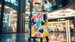 © BURINKUL - A chic, designer suitcase with a unique pattern standing next to a luxury brand store in an airport front view showing exclusivity robotic tone vivid color scheme