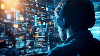 Poster - a worker engaged in a virtual meeting wearing headphones and a mic highlighted by the bright light f