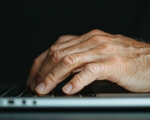 Aufkleber - Virtual Event Engagement Elderly Hands on Laptop Keyboard in Webinar Interface - Interactive Digital Communication and Business Innovation
