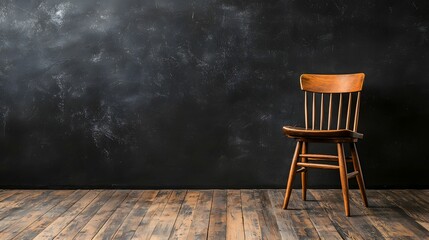 Poster - Solitary wooden chair set in a dimly lit minimalist room creating a serene and tranquil atmosphere for contemplation relaxation and quiet introspection  The simple