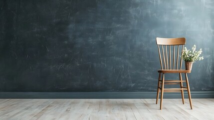 Poster - A cozy wooden chair stands in a minimalist room setting with a plain dark wall backdrop and a small vase of flowers providing a natural inviting accent  The room exudes a sense of calm and serenity