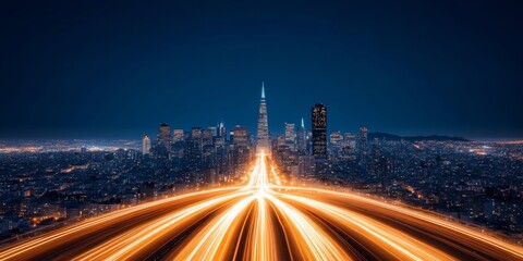 Poster - Futuristic Cityscape Illuminated Pathways of Digital Skyline - Smart Infrastructure Visualization for Urban Tech Regulations and Ethical AI Integration