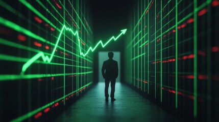 Poster - Futuristic Finance Visualization Rising Green Line Graph on Digital Grid Backdrop with Confident Businessman Silhouette - Optimistic Financial Strategy and Investment Growth