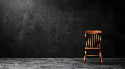 Poster - Lone vintage style wooden chair sitting in a dark moody studio setting with a simple minimal black background  The chair creates a contemplative atmospheric scene
