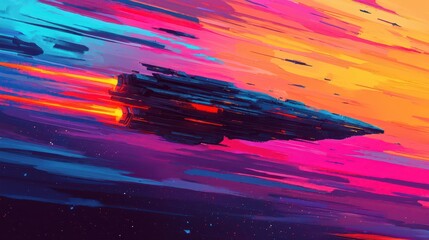 Poster - A vibrant spaceship races through a colorful cosmic landscape, leaving trails of light against a backdrop of vivid hues.