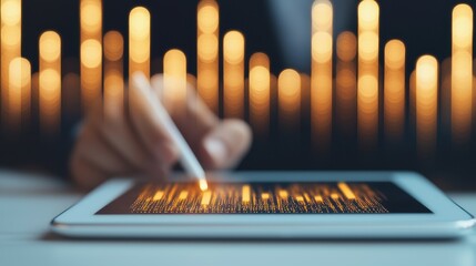 Poster - Hand Holographic bar stock Business concept. Businessman Using a Digital Tablet with Glowing Interface in Modern Office Setting