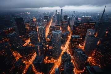 Aufkleber - Cyberpunk Urban Aesthetic Illuminated Nighttime Cityscape with Dynamic Highways and Skyscrapers - Smart City Infrastructure for Future-Proof Digital Branding