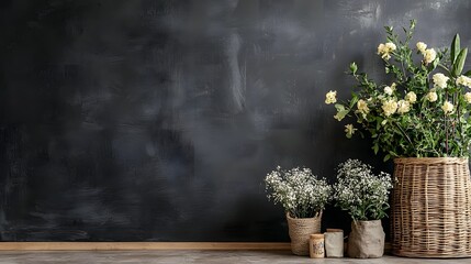 Poster - Cozy and peaceful workspace setting with an assorted floral arrangement displayed in a wicker basket and ceramic vases against a rustic chalkboard background