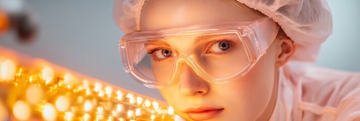 Aufkleber - Futuristic Optical Engineering Young Woman with Transparent Safety Gear Illuminated by LED Lights - Precision Tech Content and Innovative Manufacturing Aesthetics