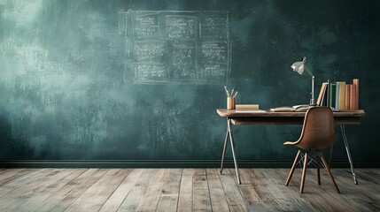 Poster - Classroom setting with chalkboard desk chair books and laptop on a wooden floor representing the academic environment for education learning research and intellectual growth