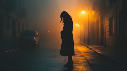 Poster - Silhouette of a Woman in a Foggy Urban Street at Night, Surrounded by Warm Streetlights and Mysterious Atmosphere, Evoking Feelings of Solitude and Reflection