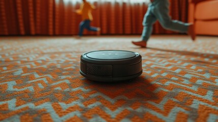 Aufkleber - Futuristic Home Service Robot Innovative Low-Angle Shot of a Smart Vacuum on Patterned Carpet - Family-Friendly Home Automation and Tech-Driven Living Spaces, Enhancing Everyday Life