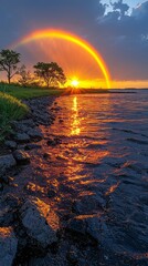 Aufkleber - A vivid rainbow gracefully arches over the horizon as the sun sets, casting warm hues across the tranquil waters. The peaceful shoreline is accented by gentle waves and lush greenery