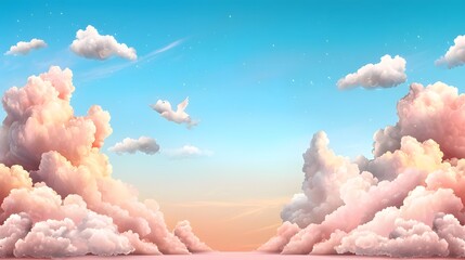 Poster - Dramatic and whimsical cloudscape at sunset featuring fluffy cotton candy like clouds in shades of vibrant pink and orange hues set against a serene