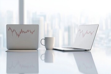 Fototapete - Minimalist Financial Workspaces Dual Laptops with Stock Charts on Glass Table - Tech-Driven Business Settings and Modern Investment Solutions