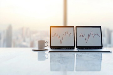 Poster - Minimalist Office Tech Dual Laptops on Glass Desk with Stock Charts - Modern Business Innovation and Digital Strategy for Cutting-Edge Corporate Spaces