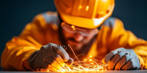 Aufkleber - Industrial Electric Safety Male Electrician with Safety Gear Installing Copper Wiring on Modern Construction Site - Business Utilities and Infrastructure Enhancement